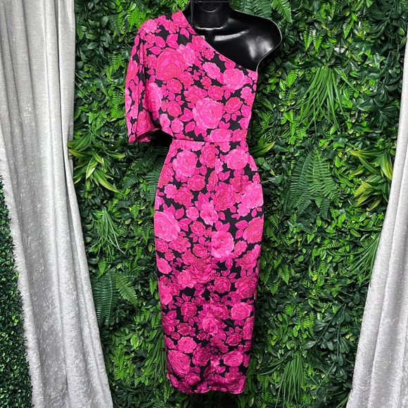 DO+BE Dress Medium Pink Black Rose Floral One Shoulder Ruched Midi 3476 - Picture 7 of 8